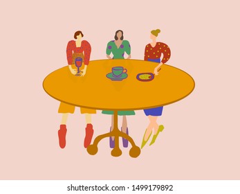 A meeting of girlfriends at a round table with coffee. Person figures. Girls dressed in trendy bright fashionable clothes of neon colors. Flat cartoon colorful vector illustration. 