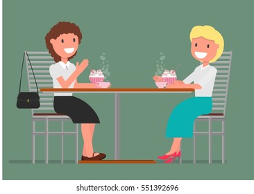 A meeting. Girls, women, friends, sitting in a cafe, drinking coffee, eating ice cream, talking, smiling. Vector illustration of a flat design style.