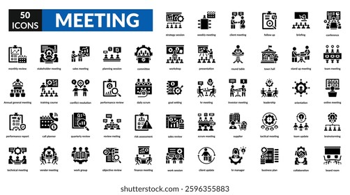 Meeting glyph icon set collection. Briefing, board room, monthly review, goal setting, workshop, corporate, seminar, networking, consultation, decision, agreement, leadership, reporting
