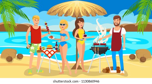 Meeting good Friends on the Beach. Friends had a Barbecue in the Sand. People have Fun, Eat and Drink on Beach. Sunny day with Friends. Communication and Recreation in open air.