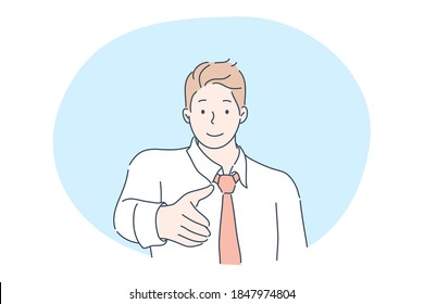 Meeting, greeting, business deal, recruitment, employment concept. Smiling businessman cartoon character clerk manager boss making hand introduction. Agreement with colleagues or partners illustration