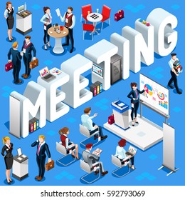 Meeting Group of Diverse Isometric Business People. 3D meeting infograph crowd with standing walking casual people icon set. Conference handshake lot collection vector illustration