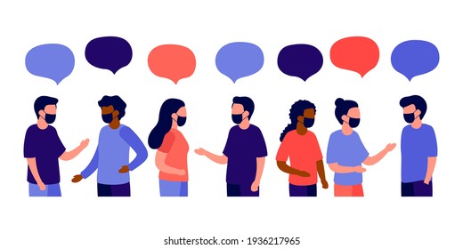 Meeting of group of people with face mask for talk, dialog, communication, partnership, business relationship. Man and woman talking. Negotiations, discussion of team workers. Vector flat illustration