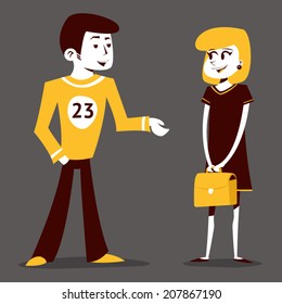 Meeting Guy Athlete And Student Girl Talking Pupil Characters On Stylish Background Retro Cartoon Design Vector Illustration