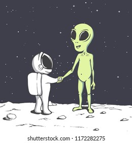 meeting and handshake of an alien and an astronaut in space.Cosmic friends.Vector illustration