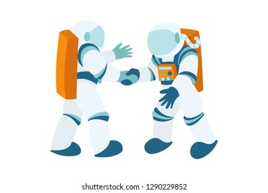 Meeting and handshake of two astronauts in space. Cosmic friends isolated on white background. Landing page concepts for website and mobile development. Modern flat vector illustration.
