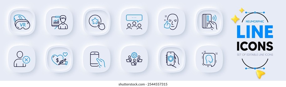 Meeting, Hold smartphone and Security app line icons for web app. Pack of Delete user, Head, Presentation pictogram icons. Teamwork, Social care, Vr signs. Healthy face. Neumorphic buttons. Vector