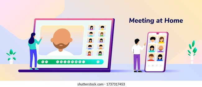 Meeting at Home Smartphone and Laptop Gradient Vector Illustration, Suitable for Web Banners, Infographics, Book, Social Media, And Other Graphic Assets