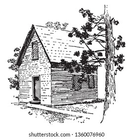 Meeting House of Roger Williams who  was a Puritan, an English Reformed theologian,vintage line drawing or engraving illustration.