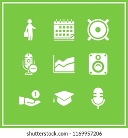 meeting icon. 9 meeting vector set. financial, graphic of stats, businessman with handbag standing silhouette and microphone icons for web and design about meeting theme