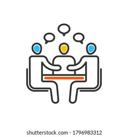 Meeting icon. Board room members sitting around a table. Vector color icon.