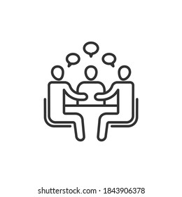 Meeting icon. Board room members sitting around a table. Vector black icon.