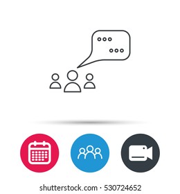 Meeting icon. Chat speech bubbles sign. Speak balloon symbol. Group of people, video cam and calendar icons. Vector