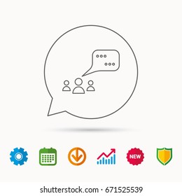 Meeting icon. Chat speech bubbles sign. Speak balloon symbol. Calendar, Graph chart and Cogwheel signs. Download and Shield web icons. Vector