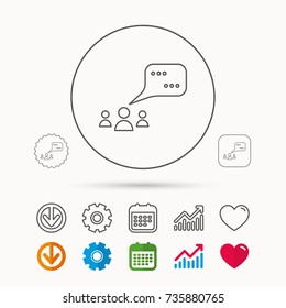 Meeting icon. Chat speech bubbles sign. Speak balloon symbol. Calendar, Graph chart and Cogwheel signs. Download and Heart love linear web icons. Vector