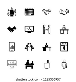 Meeting icon. collection of 16 meeting filled and outline icons such as table, man working at the table, handshake, calendar. editable meeting icons for web and mobile.