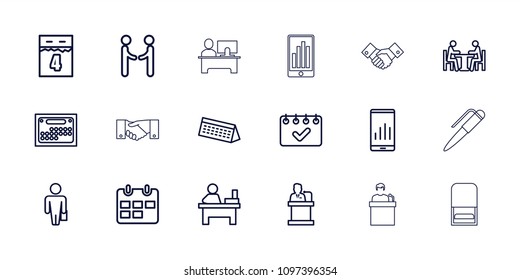 Meeting icon. collection of 18 meeting outline icons such as table, man with case, graph on display, speaker, shaking hands. editable meeting icons for web and mobile.