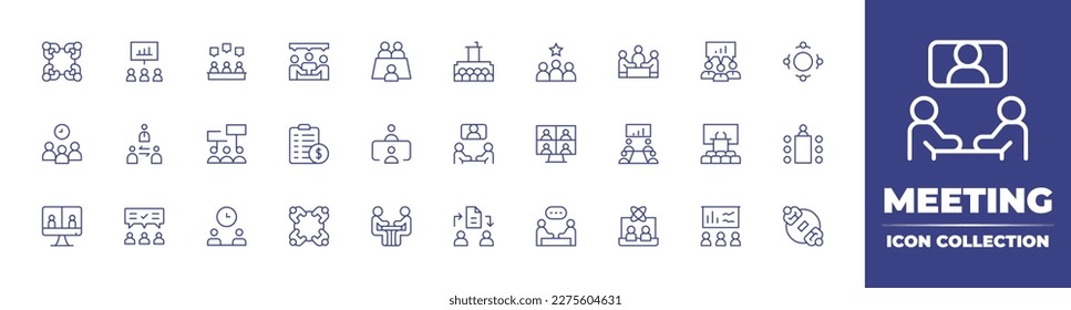 Meeting icon collection. Duotone color. Vector illustration. Containing meeting, meeting room, team, meet, teamwork, intermediary, virtual event, conference, video call, consensus, date, file sharing.