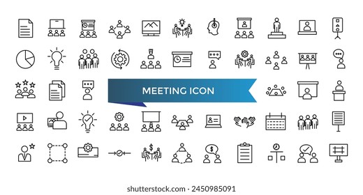 Meeting icon collection. Related to seminar, business meeting, presentation, interview, conference, assembly, agreement and discussion icons. Line icon set.