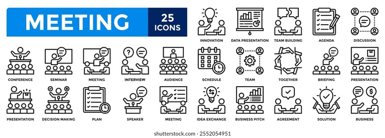 Conjunto de coleções de ícones de reunião. Contendo entrevista, seminário, público, conferência, discussão, ícone de apresentação. Ilustração de vetor de linha simples.