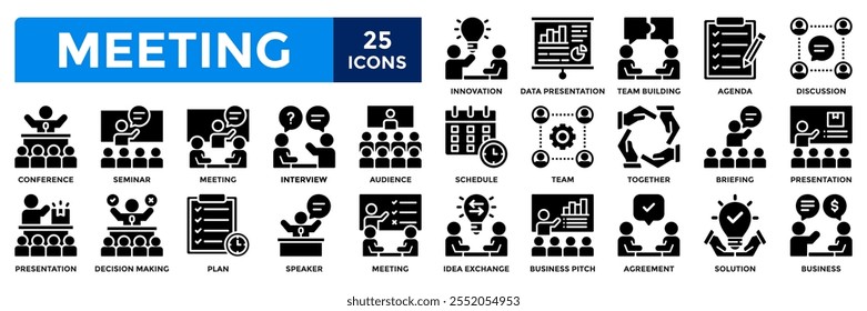 Meeting icon collection set. Containing interview, seminar, audience, conference, discussion, presentation icon. Simple solid vector illustration.