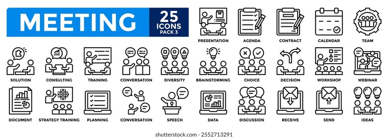 Conjunto de coleções de ícones de reunião. Contendo apresentação, pauta, equipe, solução, discussão, consultoria, ícone de debate. Ilustração de vetor de linha simples.