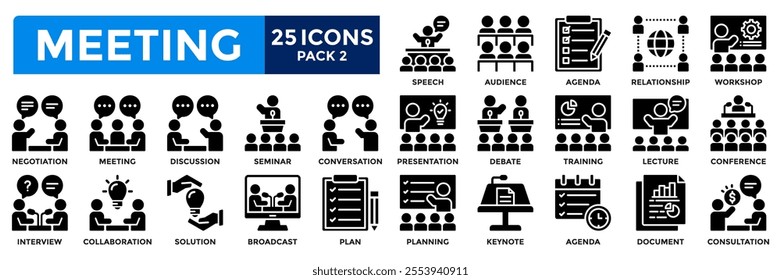 Meeting icon collection set. Containing conference, discussion, business meeting, seminar, consultation, presentation, interview icon. Simple solid vector.