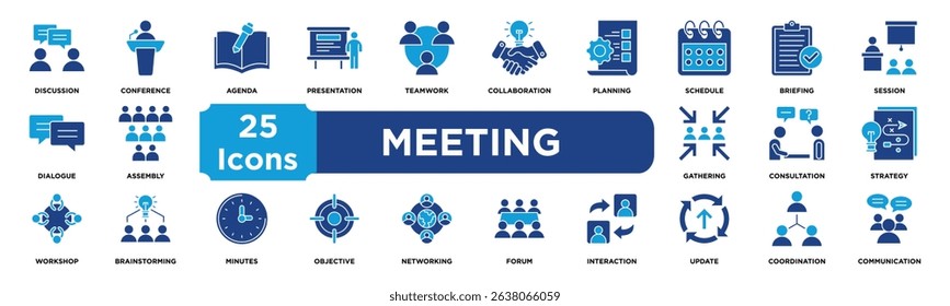meeting icon collection set. Containing discussion,conference,agenda,presentation,teamwork,collaboration,planning,schedule,briefing,session icon. solid icon vector.	