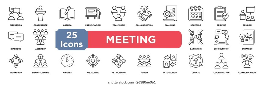 meeting icon collection set. Containing discussion,conference,agenda,presentation,teamwork,collaboration,planning,schedule,briefing,session icon. Simple line vector.	