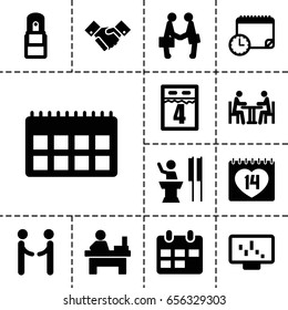 Meeting icon. set of 13 filled meetingicons such as table, 14 date, office supply, meeting, handshake, businessman shaking hands, calendar, 4th date calendar