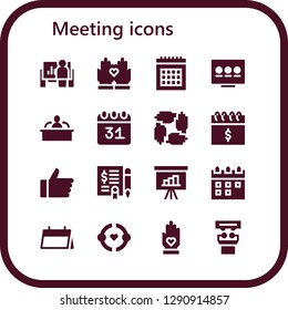  meeting icon set. 16 filled meeting icons. Simple modern icons about  - Presentation, Hands, Calendar, Interview, Teamwork, Hand, Agreement, Friendship