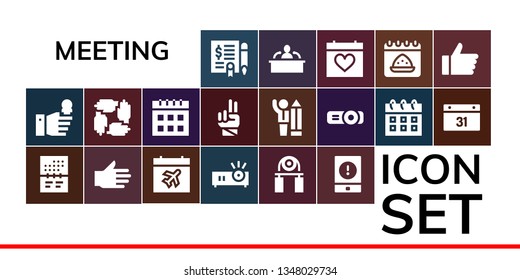 meeting icon set. 19 filled meeting icons.  Collection Of - Agreement, Interview, Calendar, Hand, Projector, Handgrip, Event, Teamwork, Businessman