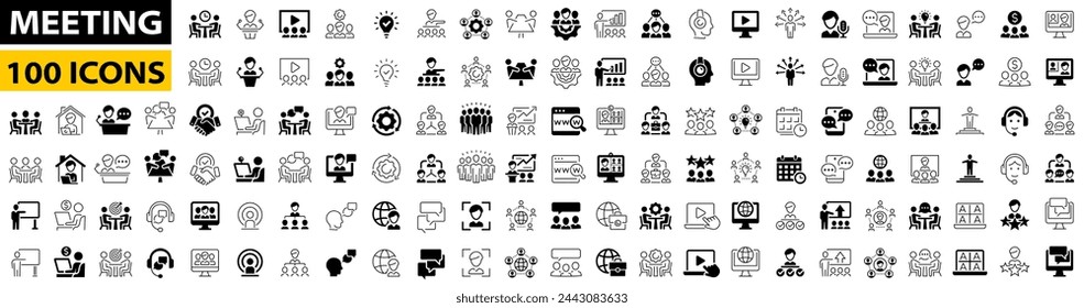 Meeting icon set. Business training and workshop icons. Line and flat icon style. Conference, team, brainstorm, seminar, interview, assembly, agreement, discussion and more. Vector illustration.