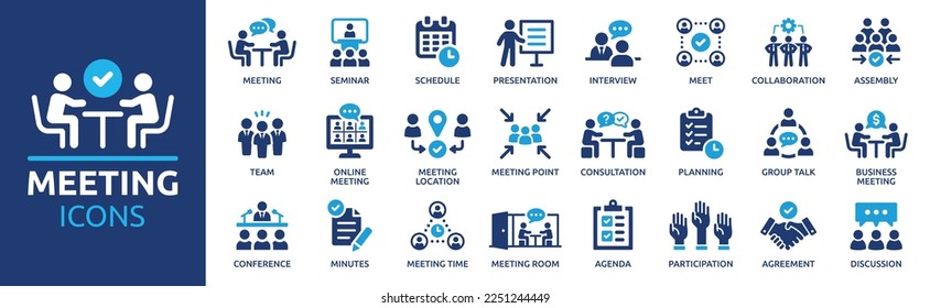 Meeting icon set  Containing seminar  business meeting  presentation  interview  conference  assembly  agreement   discussion icons  Solid icon collection 
