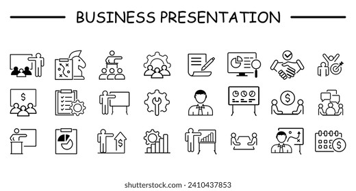 Symbolsatz für Treffen. mit Symbolen für Seminar, Geschäftstreffen, Präsentation, Interview, Konferenz, Versammlung, Vereinbarung und Diskussion