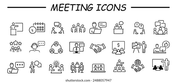 Conjunto de iconos de reunión. Conteniendo iconos de seminario, reunión de negocios, presentación, entrevista, conferencia, asamblea, Acuerdo y discusión.