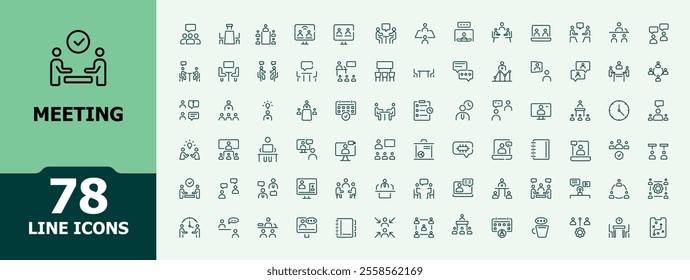 Meeting icon set. Contains related to consultation, meeting, social, video, call, room, meet and more. Minimalist set of line pictogram. Editable stroke.