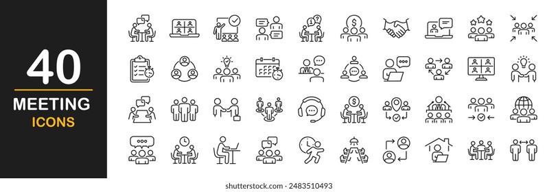 Meeting icon set. Contains such icons as seminar, business meeting, presentation, interview, conference, assembly, agreement and discussion icons, webinar, teamwork, coworking and more