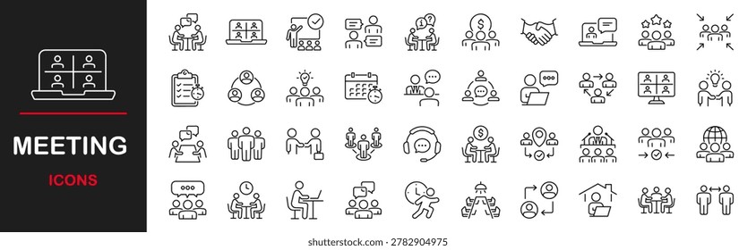 Meeting icon set. Contains such icons as seminar, business meeting, presentation, interview, conference, assembly, agreement and discussion icons, webinar, teamwork, coworking and more