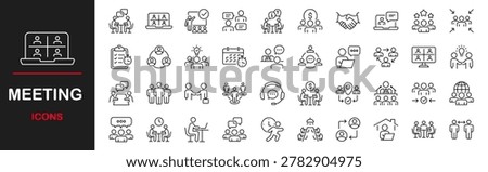Meeting icon set. Contains such icons as seminar, business meeting, presentation, interview, conference, assembly, agreement and discussion icons, webinar, teamwork, coworking and more