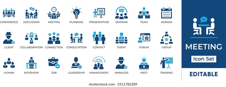 Meeting Icon Set. Featured essential elements like conference, discussion, planning, and collaboration. Perfect for business presentations, event management, and teamwork. Editable vector graphics.