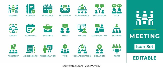 Meeting Icon Set. Features editable icons for meeting symbol, agenda, schedule, interview, conference, planning and more. Perfect for business, project management, and team collaboration designs.