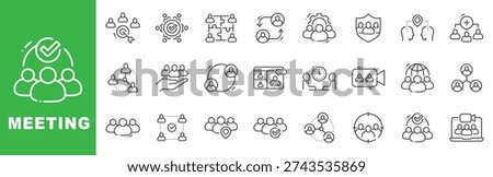 Meeting icon set featuring meeting; conference; teamwork; collaboration outline line icons with editable stroke vector.
