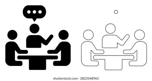 Meeting icon set featuring people silhouette having a professional office discussion for corporate website UI design and business