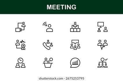 Conjunto de iconos de reuniones con arte de línea de Vector para discusiones de negocios, colaboración de Equipo Video, llamadas y comunicación de Profesional