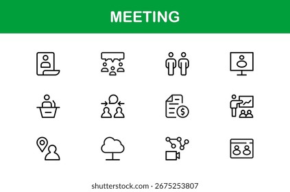 Conjunto de iconos de reuniones con arte de línea de Vector para discusiones de negocios, colaboración de Equipo Video, llamadas y comunicación de Profesional