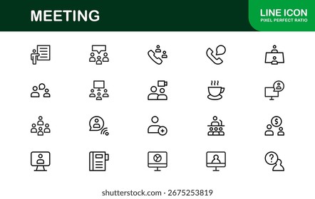 Conjunto de iconos de reuniones con arte de línea de Vector para discusiones de negocios, colaboración de Equipo Video, llamadas y comunicación de Profesional