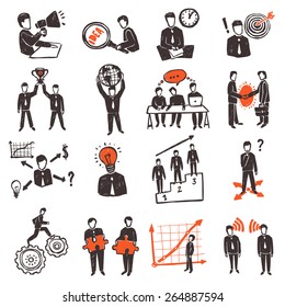 Meeting Icon Set With Hand Drawn Business People Characters Set Isolated Vector Illustration