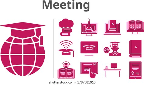 conjunto de iconos de reunión. incluye biblioteca en la nube, química, tablet, escritorio, ebook, cap, escuela, aprender, estudiante, pantalla táctil, iconos de aprendizaje. estilos rellenos.