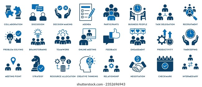 Meeting icon set. Included icons as meeting room, team, teamwork, presentation, idea, brainstorm and more. - Shutterstock ID 2352696943